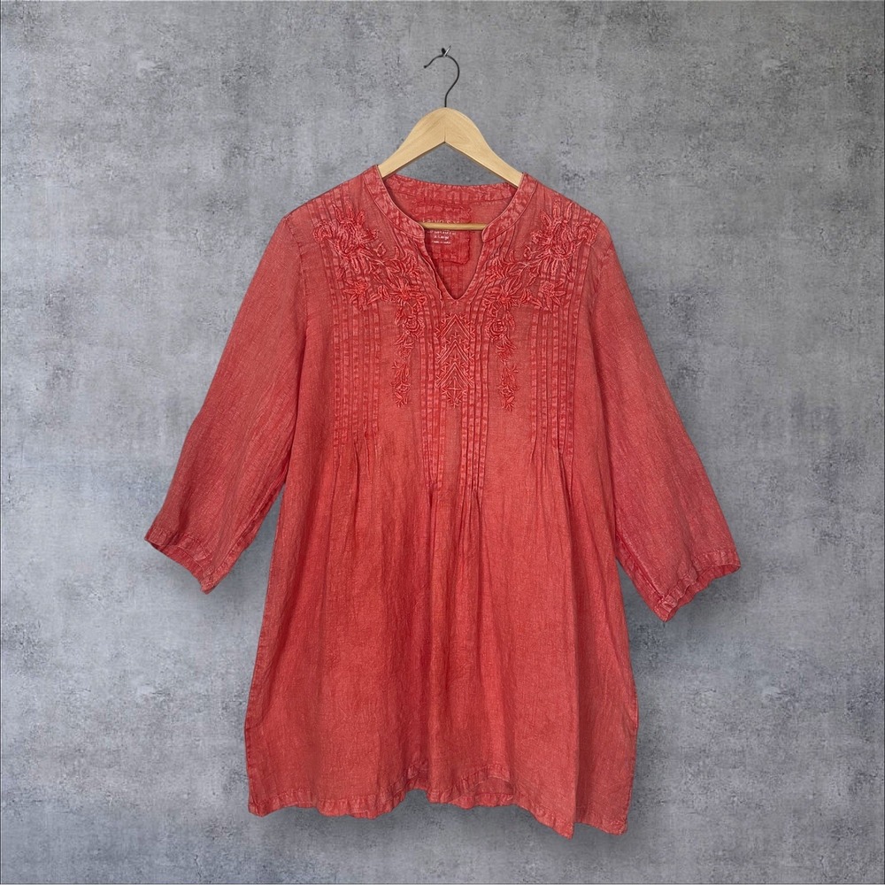 Karyn Seo Coral Linen Tunic Top Womens XL Embroidered Pintuck Pleat Pullover